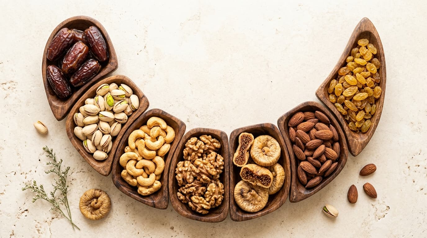 Curated Artisanal Dry Fruits in Curved Wooden Bowls