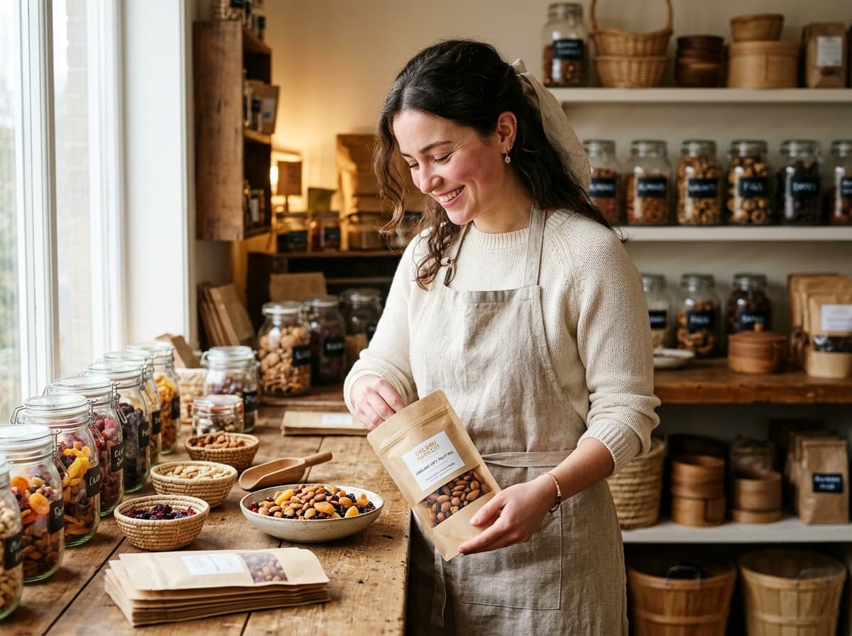 Artisanal market specialist packing dried fruits in kraft paper pouches